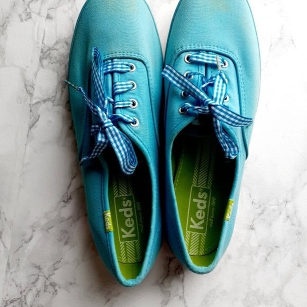 Keds Aqua Blue  Ladies Gingham Laces Canvas Low Top Sneaker Shoes Size 7.5